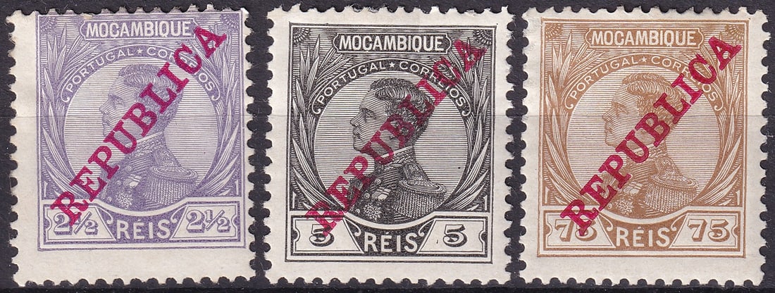 Portuguese colonial Mozambique 1912 King Manuel II Republica Overprint Michel 118 119 124 Mint (1 of 2)