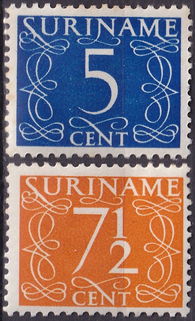 1951 Suriname Numeral Pair Scott 241 242 MH VF: A clean and well-matched pair of definitive numeral issues from Suriname, issued in April 1951 as part of the continuation and expansion of the post-war numeral series designed by Jan van Krimpen. Thi
