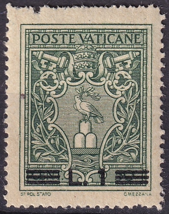 1945 Vatican City Overprint New Values SG 112 Dove Arms 1 Lira: This lot presents an original postage stamp issued by Vatican City on 29 December 1945, belonging to the Overprint New Values definitive series produced in the immediate post-war period. The stamp is 