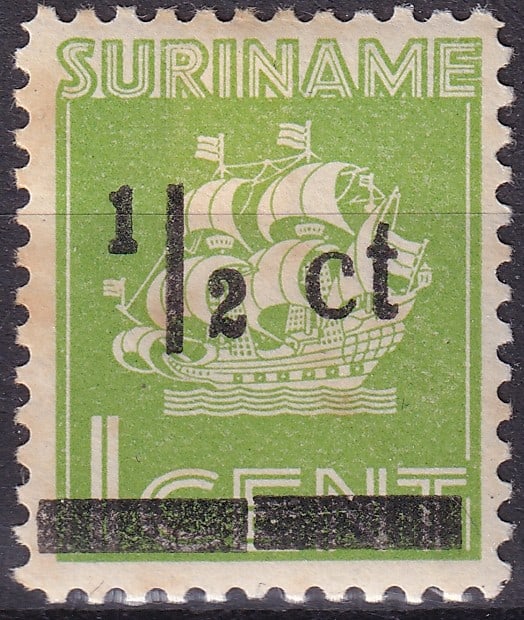 1945 Suriname 0,5c Overprint Ship Definitive Scott 180 MH: A distinctive provisional overprint issue from Suriname, issued on June 26, 1945, during a period of post-war postal adjustment within the Dutch colonial administration. This stamp (Scott 180, Michel 