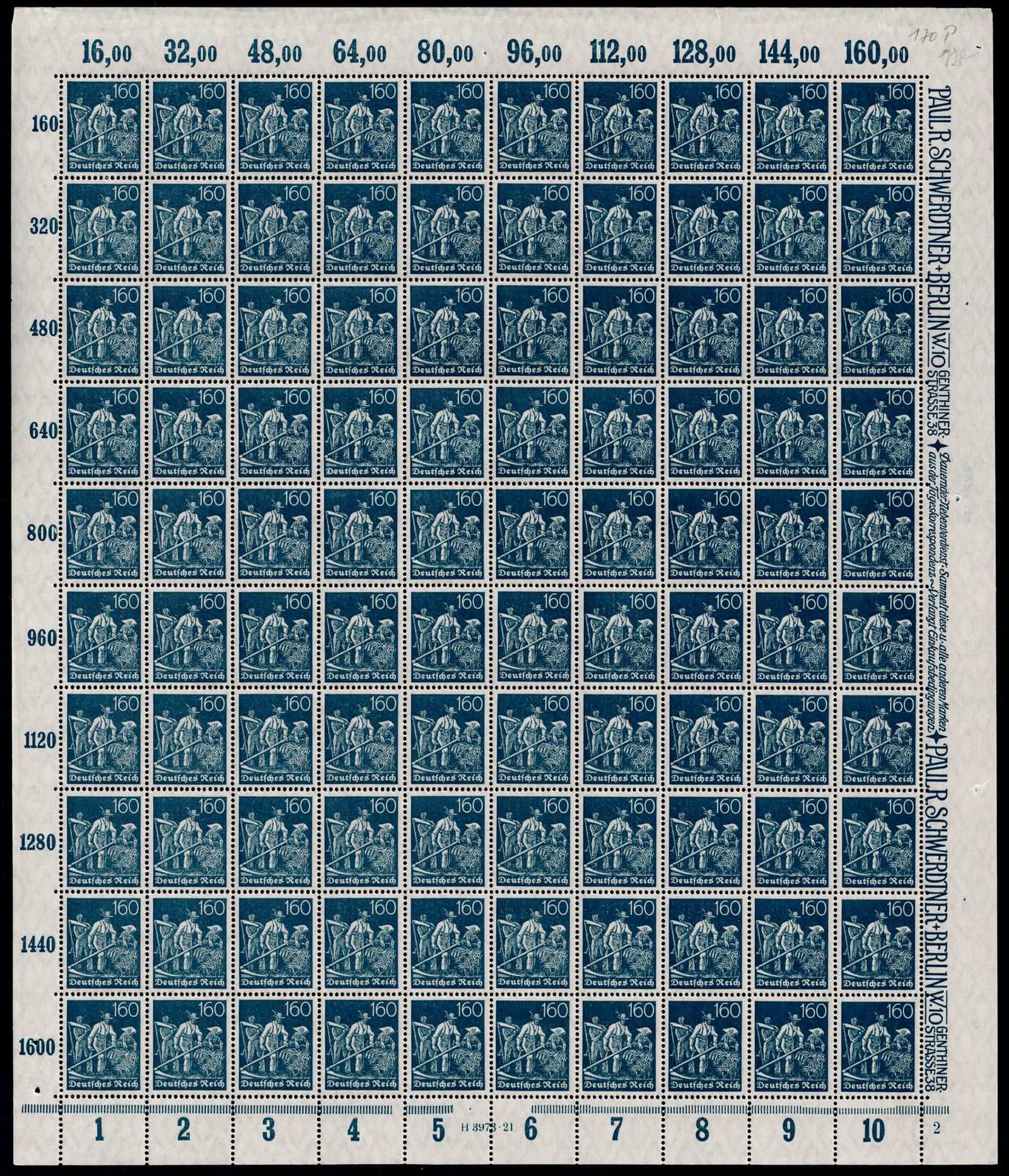 1921 Post War German Reich Workers 160 Pfennig Scott DE 149 Full Sheet MNH (1 of 3)