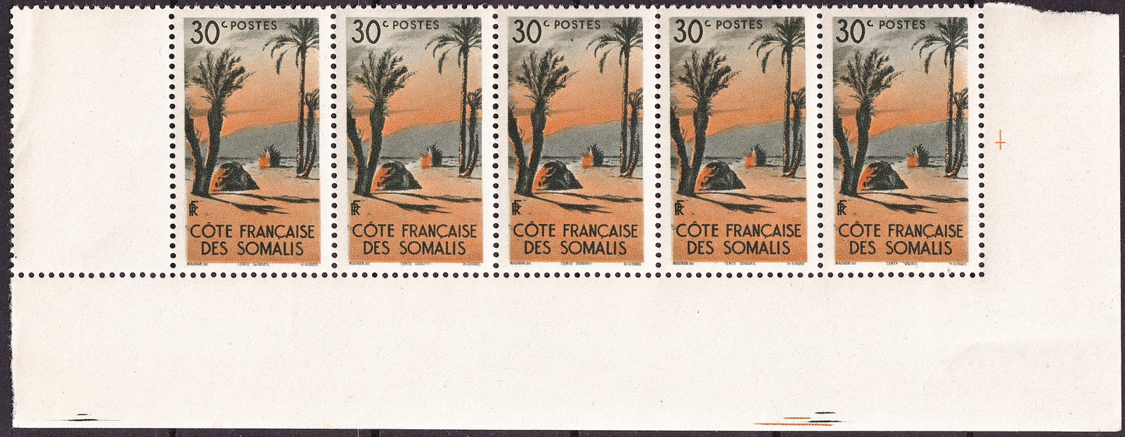 1947 French Somaliland Scott 249 30c Definitive Block of 5 MNH: A fresh and visually appealing mint never hinged marginal block of five from the 1947 definitive issue of French Somaliland, 30 centimes multicolored photogravure, issued October 6, 1947. Catalogued a