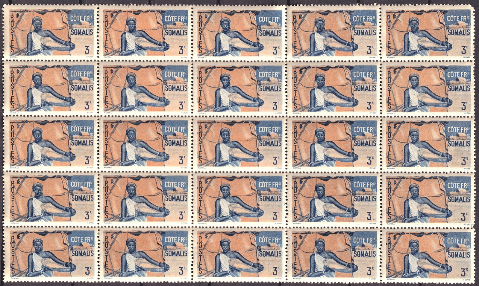 French Somaliland 1947 Scott 258 3Fr Woman Fisher Sheet MNH: French Somaliland 1947 definitive issue 3 francs multicolored photogravure stamp Scott 258 corresponding to Michel FR SO 295 Yvert 274 and Stanley Gibbons 403 issued 6 October 1947 printed by Hélio V