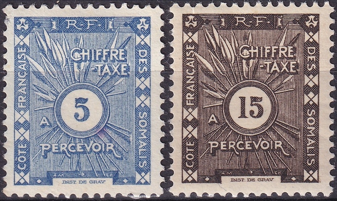 French Somaliland 1938 Postage Due Set 5c 15c Mi FR-SO P11 P13: This lot comprises a matched pair of French Somaliland postage due stamps issued on 17 November 1938, representing the values 5 centimes and 15 centimes, both from the definitive postage due issue pro