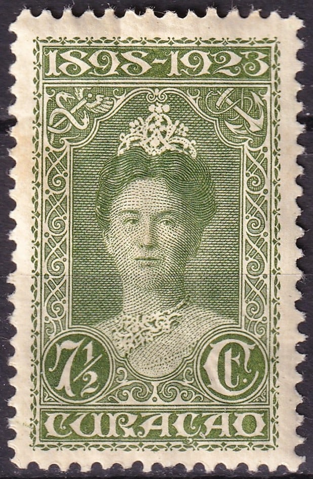 1923 Curacao Scott 76 Queen Wilhelmina Jubilee 7 1/2c: Issued in 1923 for the twenty-fifth anniversary of the accession of Queen Wilhelmina, this 7 1/2 cent commemorative from Curacao and the Netherlands Antilles presents one of the most elegant royal por