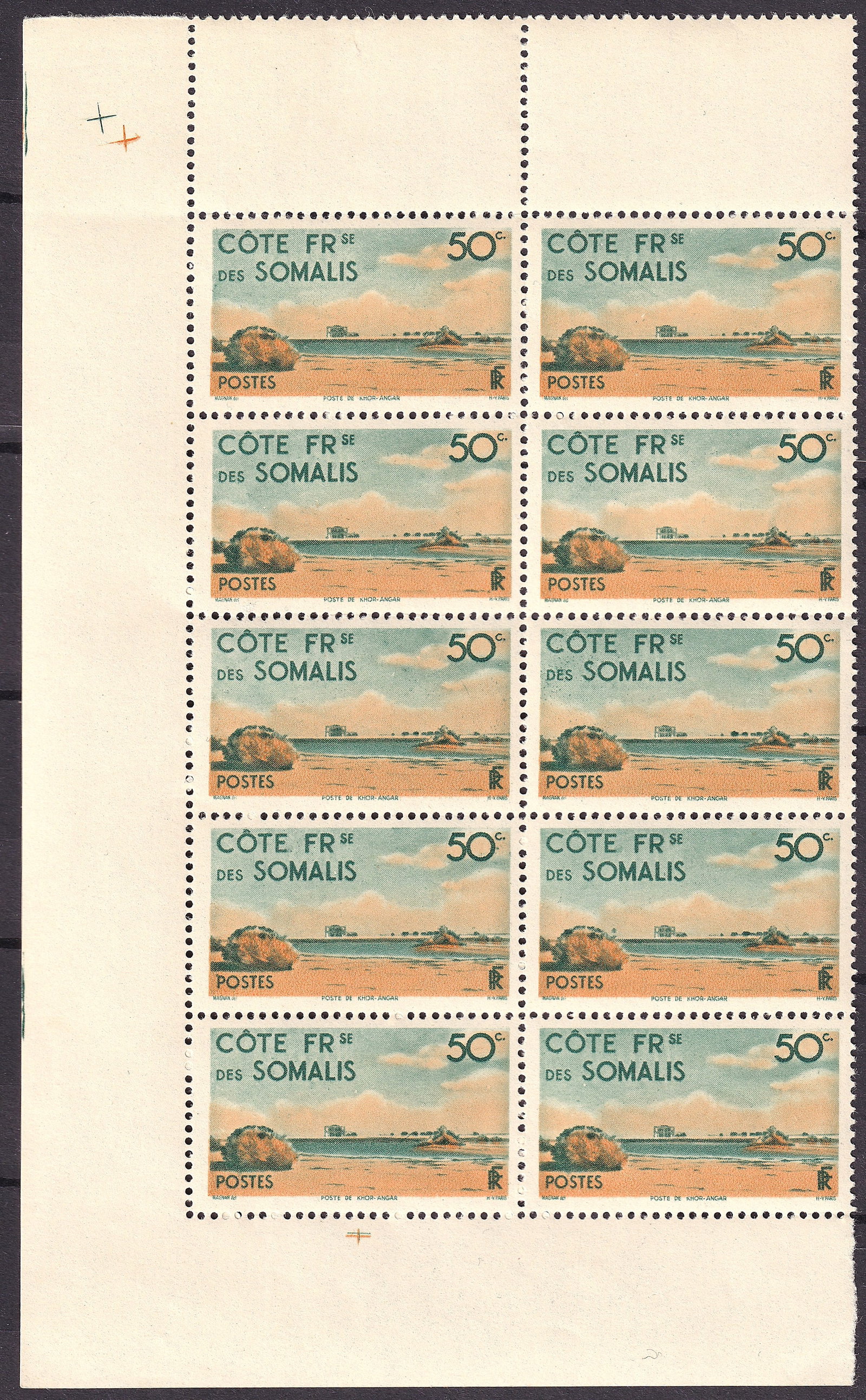 1947 French Somaliland Scott 251 50c Definitive Block of 10 MNH: An attractive mint never hinged block of ten from the 1947 definitive series of French Somaliland, 50 centimes multicolored photogravure, issued October 6, 1947. Catalogued as Scott 251, Michel FR-SO 