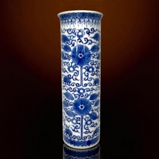 China, Qing dynasty Vase, Blue & White Floral Scroll, Signed Base: This elegant cylindrical vase, originating from China and dated to the early 20th century, is a classic example of Qing dynasty revival porcelain. Measuring approximately 27 cm in height, the vase is 