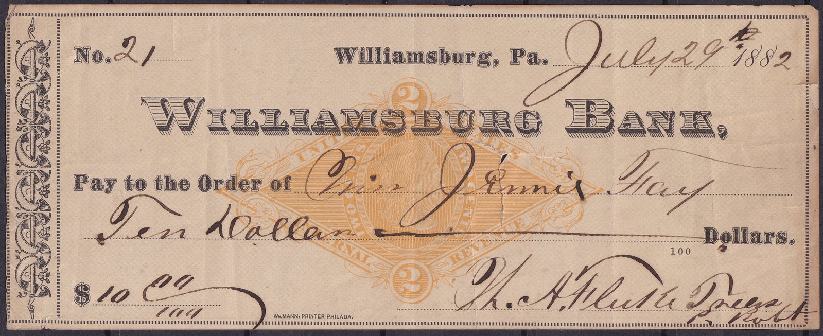 United States 1882 Williamsburg Bank, Pennsylvania Check RN-G1 Orange Revenue Imprint: A rare and visually appealing 1882 check from the Williamsburg Bank of Blair County, Pennsylvania, dated July 29, 1882, featuring the distinctive orange two-cent U.S. Internal Revenue imprint classifi