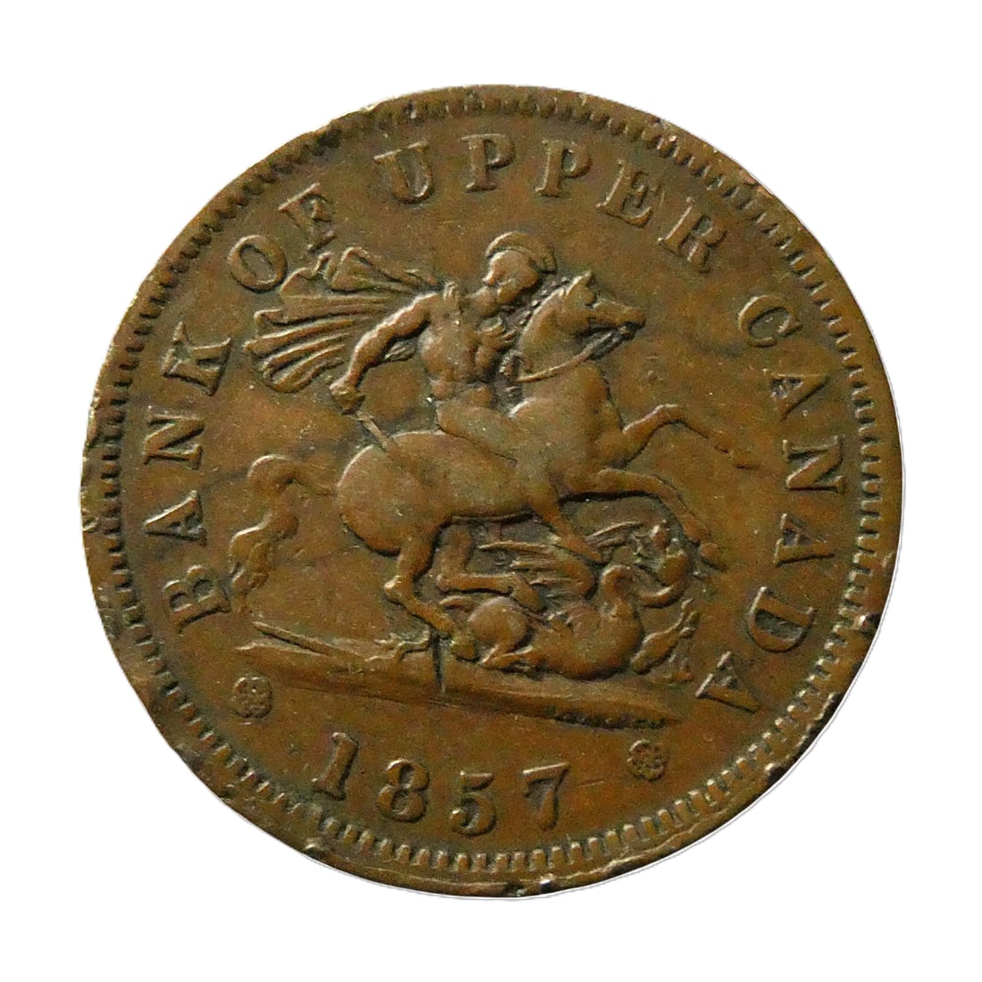 1857 Canada Bank of Upper Canada One Penny Token N1121: Issued in 1857, this copper one penny token was produced by the Bank of Upper Canada during the period of emergency and merchant token coinage used in the Province of Canada prior to full decimalizati