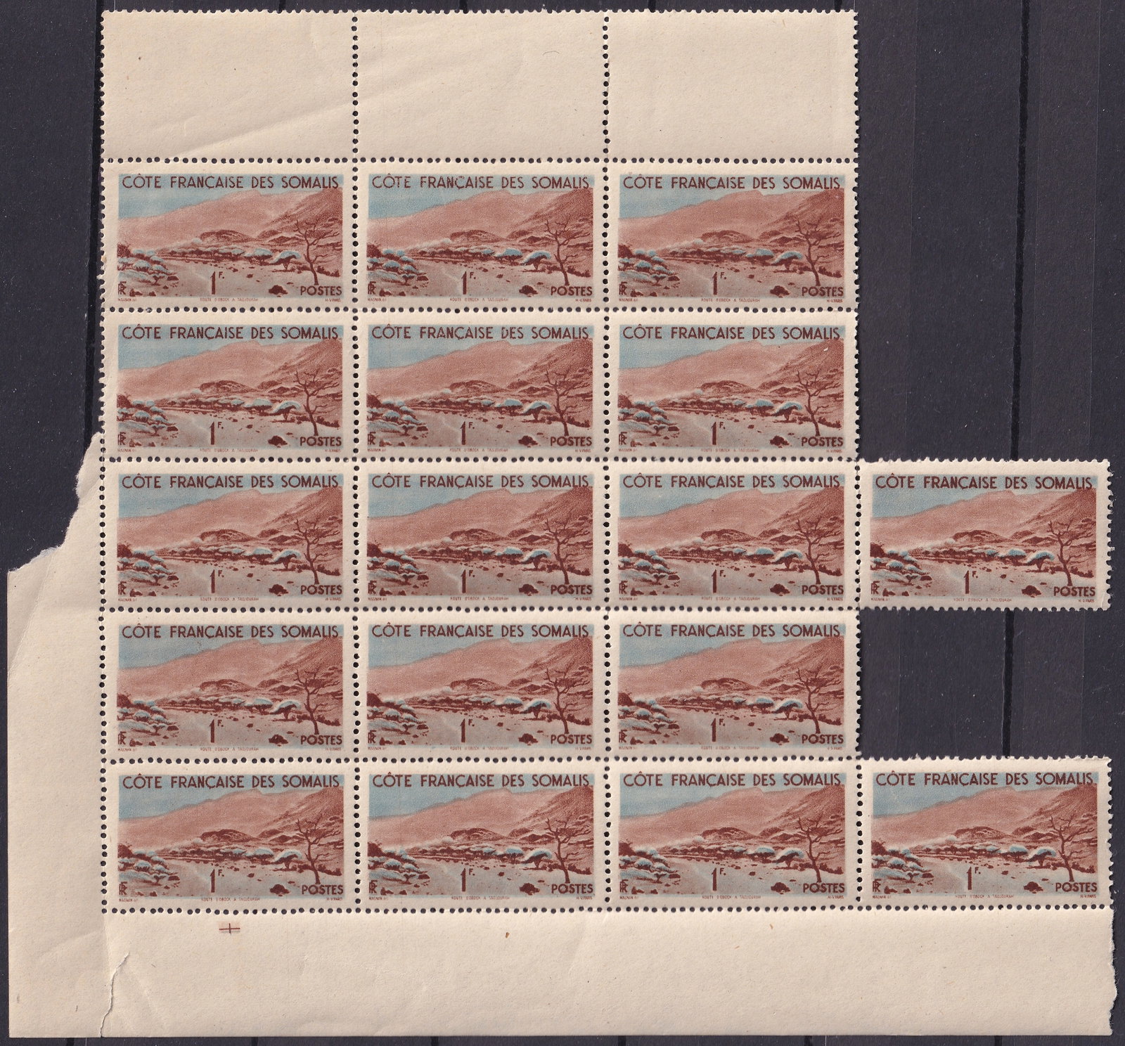 1947 French Somaliland Scott 254 1Fr Definitive Large Marginal Multiple MNH: A scarce and visually impressive mint never hinged large marginal multiple of the 1947 French Somaliland 1 Franc definitive, issued October 6, 1947, printed in multicolored photogravure by Hélio-Vaug