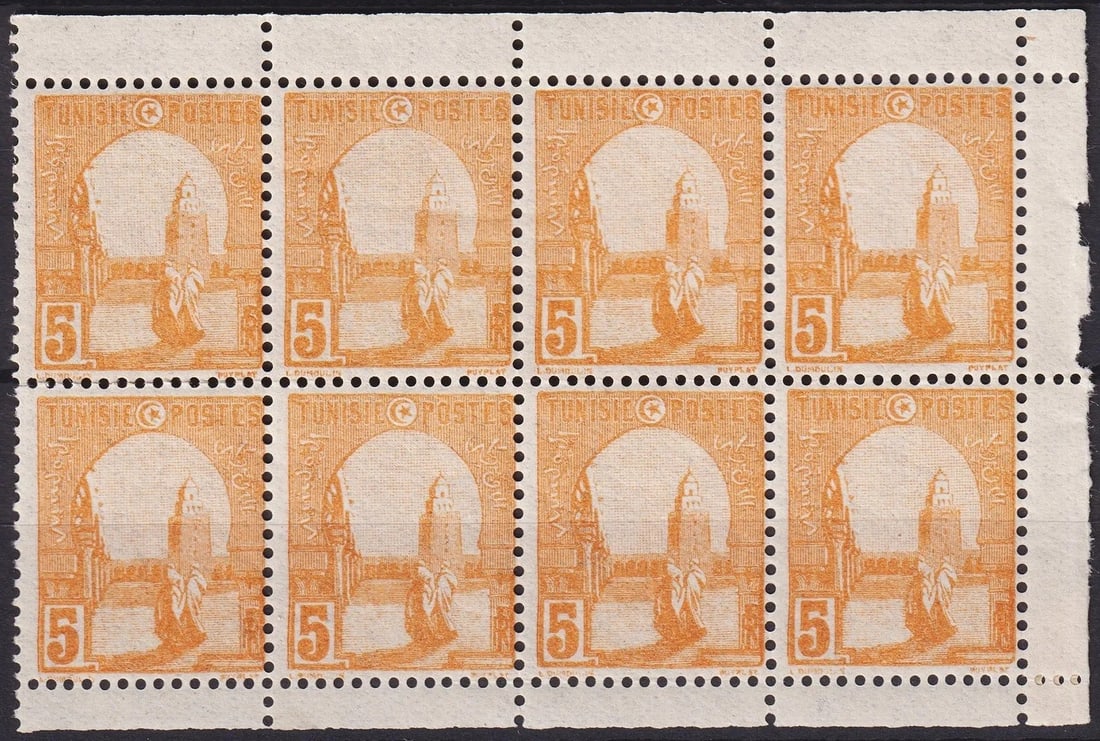 French Tunisia 1921 Mosque Motif Block of 8, 5c Orange, MNH (Scott TN 33): Issued in 1921 under the French Protectorate of Tunisia, this impressive block of eight comprises the 5 centimes orange definitive stamp, catalogued as Scott TN 33. The design depicts a traditional Tu