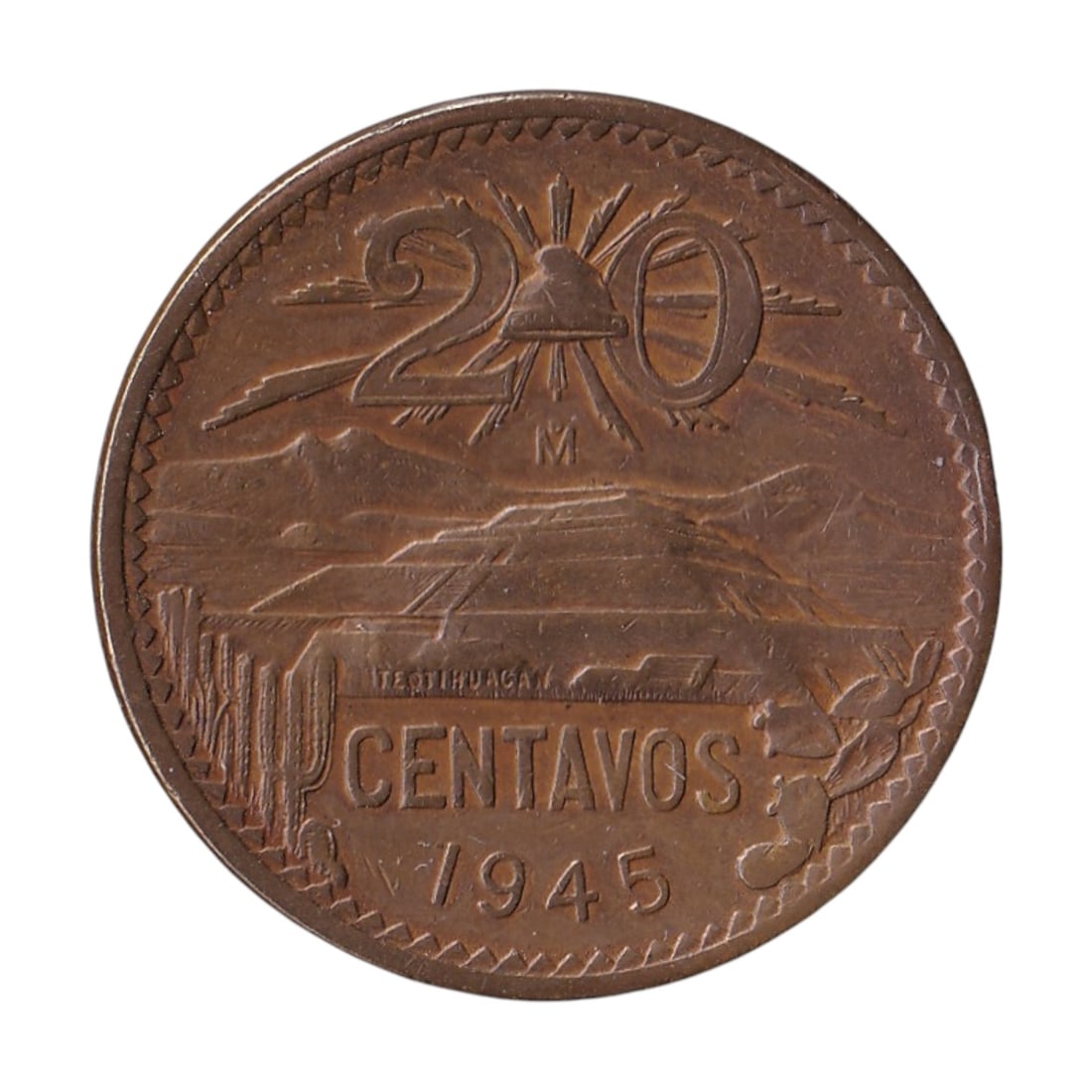 Mexico 1945 Twenty Centavos bronze coin KM439: This 1945 Twenty Centavos bronze coin from the United Mexican States represents one of the most recognisable mid twentieth century circulation types, struck at a time when Mexico was modernising its c