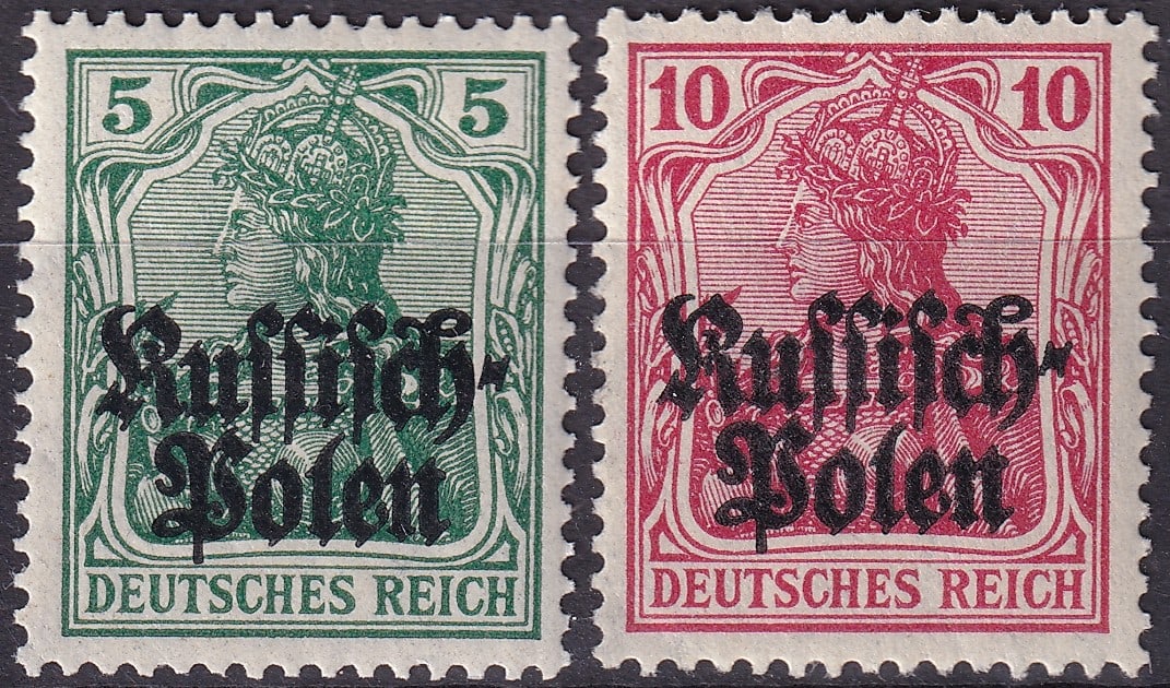 German Occupation of Poland 1915 "Russisch-Polen" Overprint 5pf & 10pf Germania (Scott PL: Issued on May 12, 1915, these two definitive values of 5 and 10 pfennig represent the first postal issues for the German-occupied territories of Russian Poland during the First World War. Printed in t