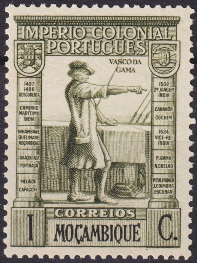 Mozambique 1938 Vasco da Gama “Portuguese Colonial Empire" 1 Centavo Olive Green (SG 351, Mi: Issued on 1 August 1938 as part of Portugal’s grand “Império Colonial Português” (Portuguese Colonial Empire) definitive series, this 1 Centavo stamp from Mozambique depicts the renowned n