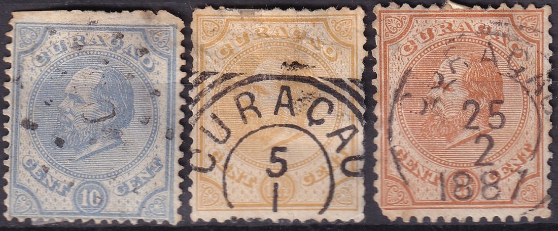 1873 1881 Curacao Scott 2 5 20 King William III Trio: A classic trio of early Curacao issues from the Netherlands Antilles featuring King William III, representing the formative period of Dutch colonial postal history in the Caribbean. This group include