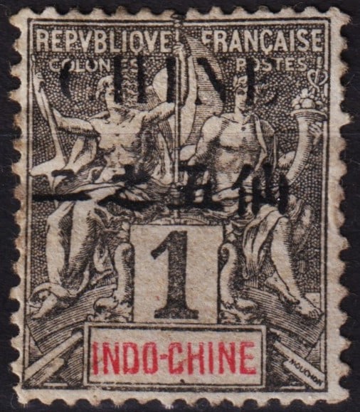 1902 French China Offices 25c on 1c Sage Type Groupe Scott 18a MH: Issued in 1902 for the French Post Offices in China, this 25 centimes on 1 centime overprinted stamp is catalogued as Scott 18a. The issue was produced by applying the bold black "CHINE" overprint tog