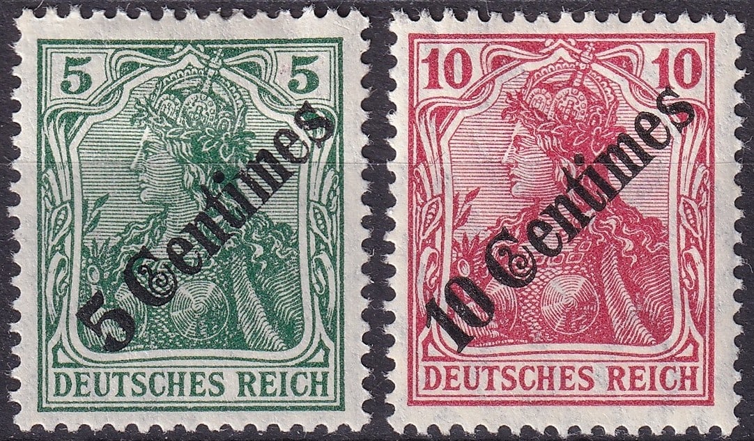 1908 Turkey German PO SG 60-61 5c 10c Germania MNH: 1908 German Post Offices in Turkey Germania surcharge issue comprising 5 Centimes on 5 Pfennig Stanley Gibbons 60 Michel DR-TYR 48b and 10 Centimes on 10 Pfennig Stanley Gibbons 61 Michel DR-TYR 49b. 