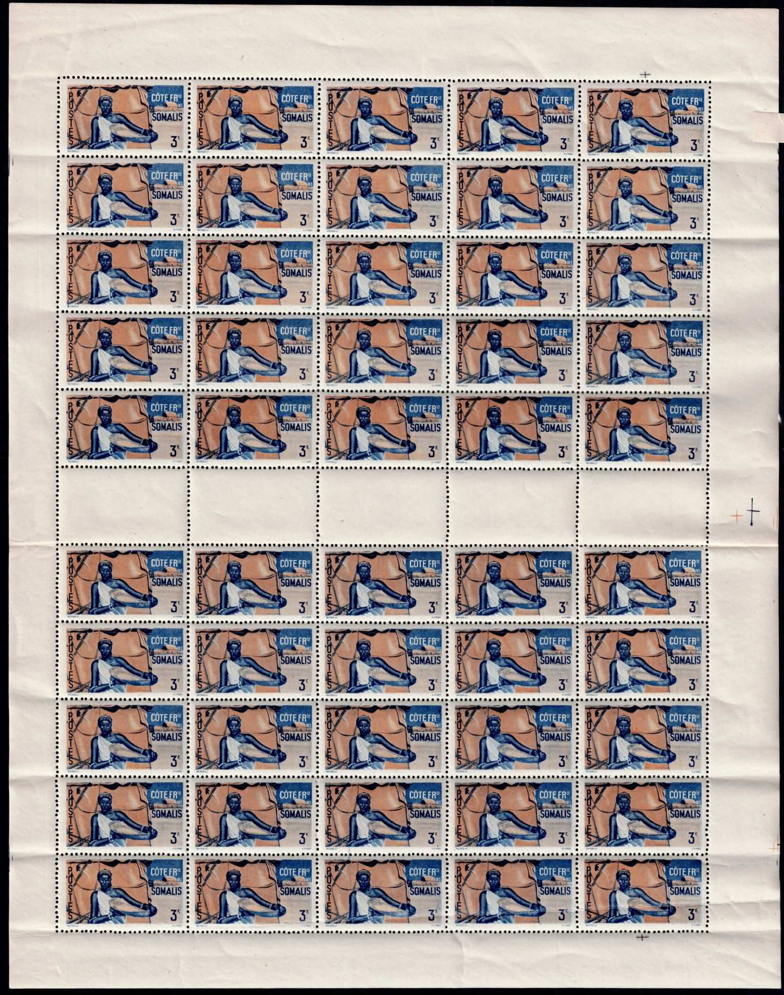 French Somaliland 1947 Scott FR-SO257 2Fr CFA Definitive MNH Sheet: A complete mint never hinged sheet of the 1947 definitive issue of French Somaliland, Scott FR-SO257, corresponding to Michel FR-SO 294, Yvert et Tellier FR-SO 273 and Stanley Gibbons FR-SO 402. Issue