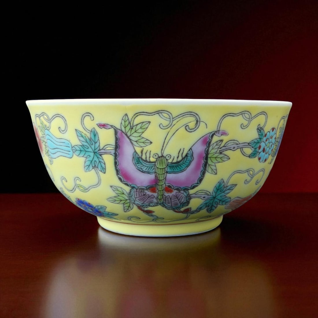 Republic Period Famille Rose Yellow-Ground Porcelain Bowl: A finely enameled porcelain bowl from the Chinese Republic period, dating to the early 20th century and exemplifying the refined continuation of Qing dynasty aesthetic traditions into the modern era. 