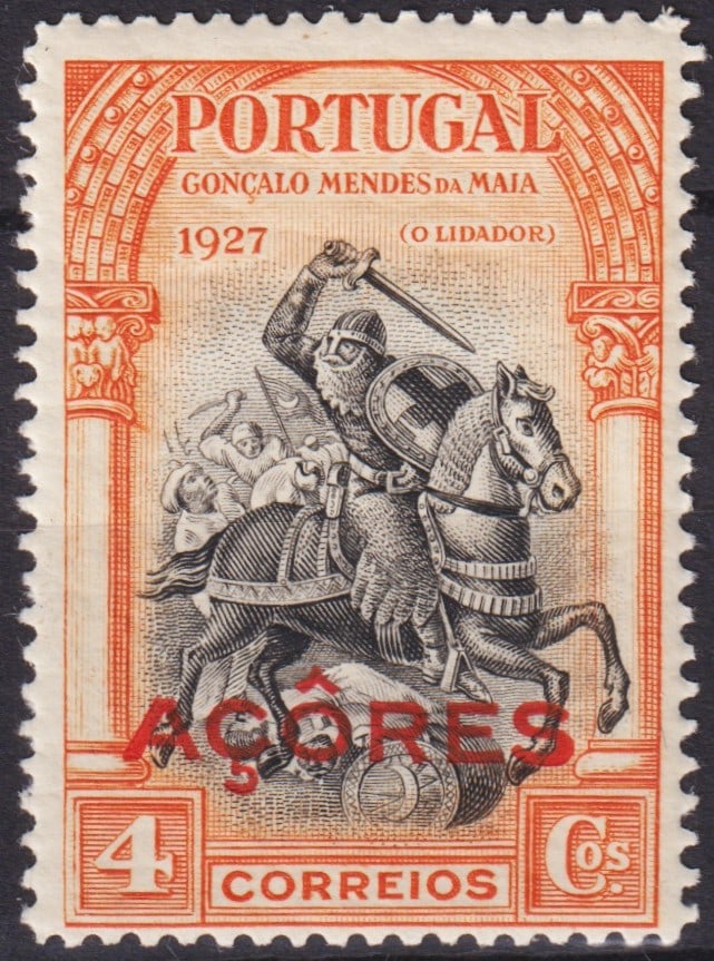 portuges Azores 1927 Gonçalo Mendes da Maia "O Lidador" Overprint, Michel PT-AZ 281: Issued on November 29, 1927, this striking commemorative stamp from the Azores belongs to the “Independence of Portugal, 2nd emission” and bears the red overprint “AÇORES” applied to 