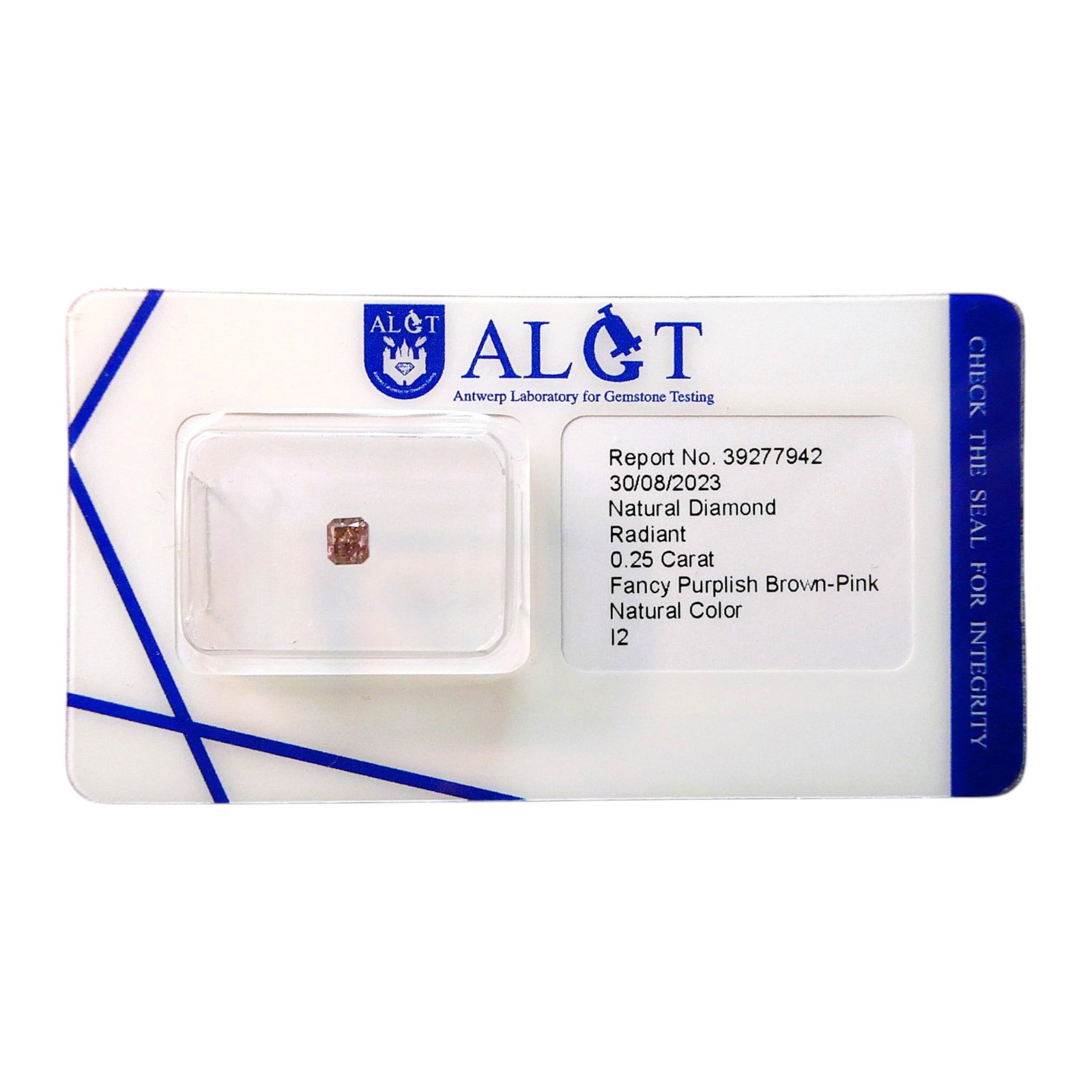 Fancy Purplish Pink Diamond, 0.25 ct, ALGT Certified, Africa: A natural 0.25 carat radiant-cut diamond displaying an attractive Fancy Purplish Brown-Pink hue, certified by ALGT Antwerp (Report No. 39277942, dated 30 August 2023). The stone exhibits good polish a