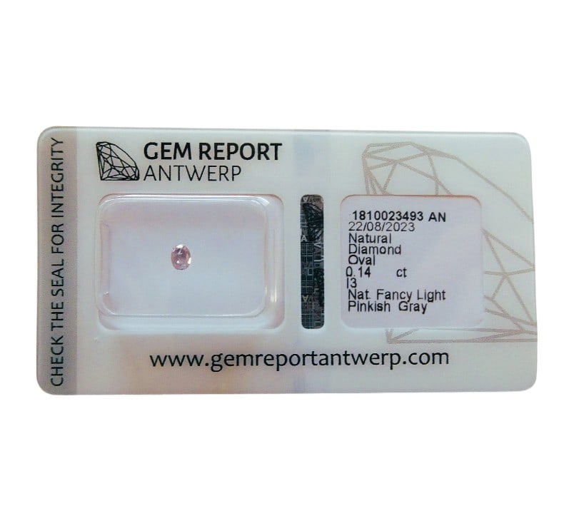 Natural 0.14 ct Oval-Cut Fancy Light Pinkish Gray Diamond, Antwerp: A natural fancy colored diamond of notable softness and visual intrigue, this 0.14 carat oval-cut gemstone was certified by Gem Report Antwerp on August 22, 2023. With precise measurements of 3.48 x 2