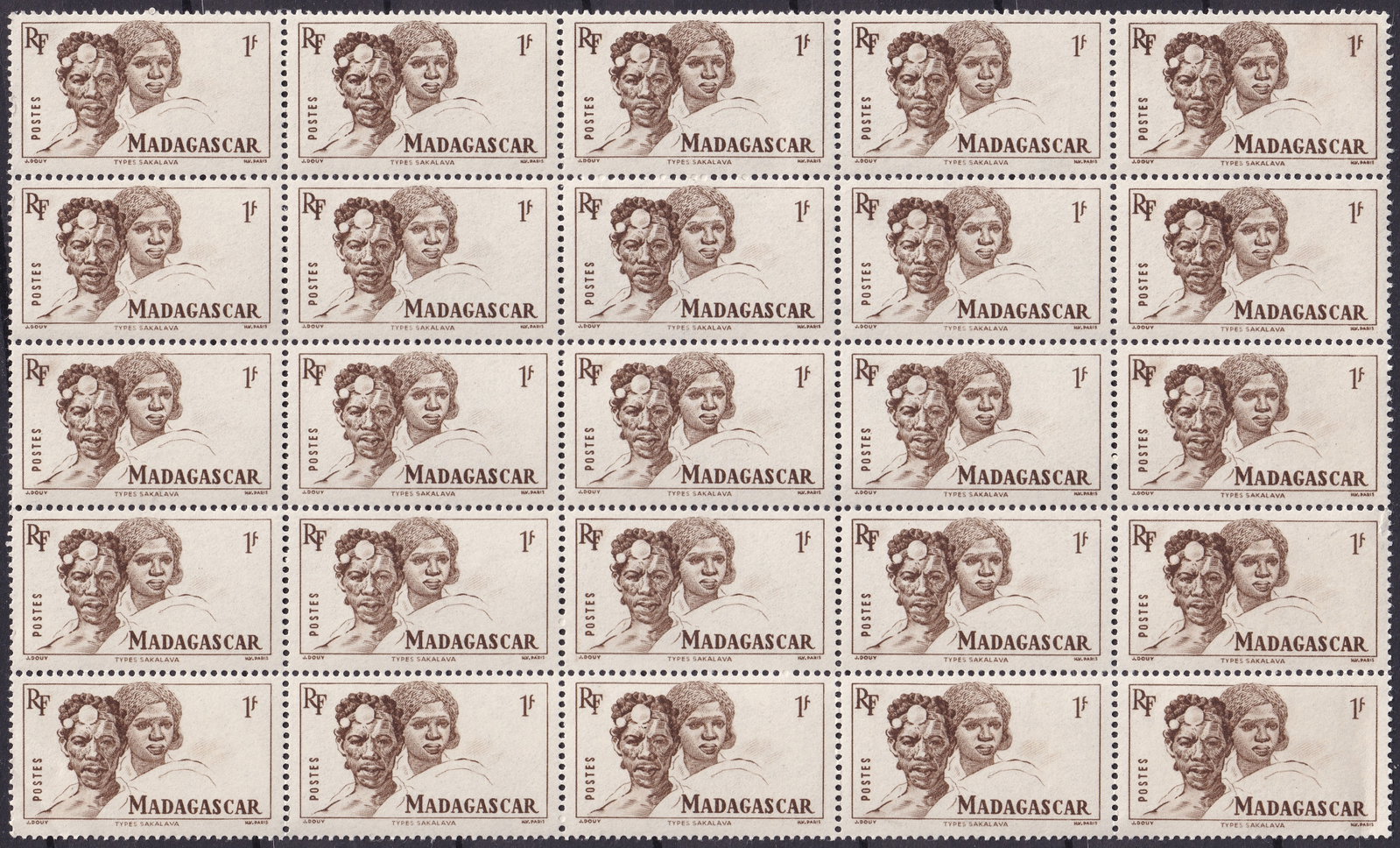 1946 Madagascar Scott 275 1Fr People Definitive Full Sheet of 25 MNH (1 of 2)