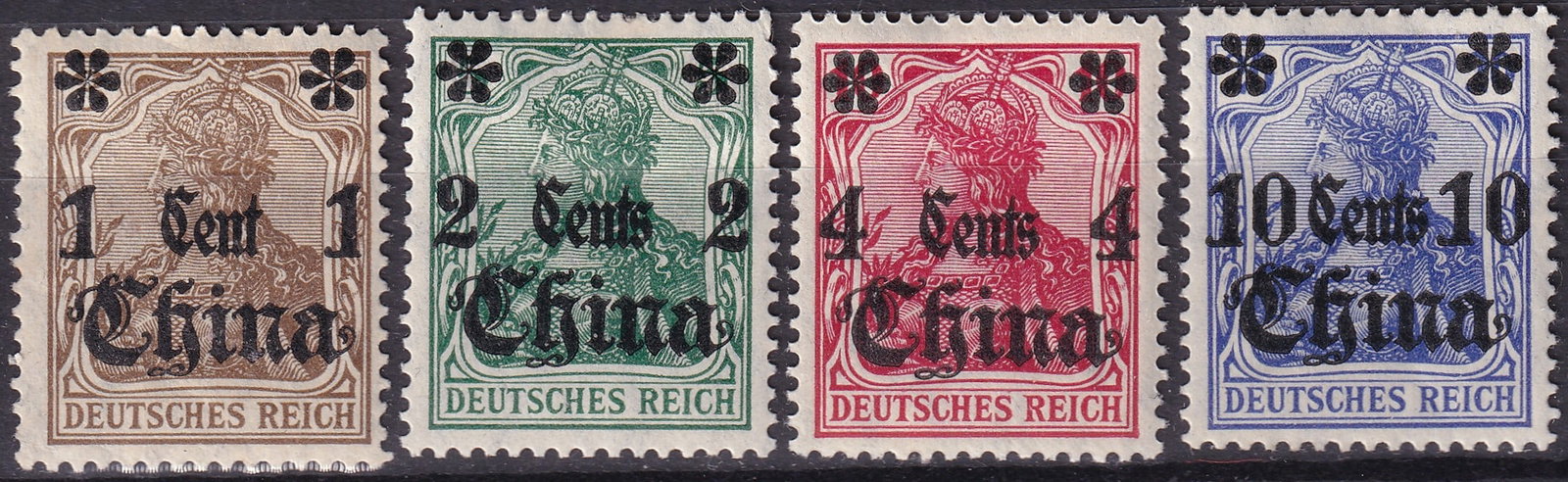 1905 China German Post Offices Scott DR-CHI 37-50 Germania Set of 4: Issued between 1905 and 1913 for the German Imperial Post Offices in China, this attractive mint group comprises four Germania overprints representing the 1 Cent, 2 Cents, 4 Cents, and 10 Cents denomi
