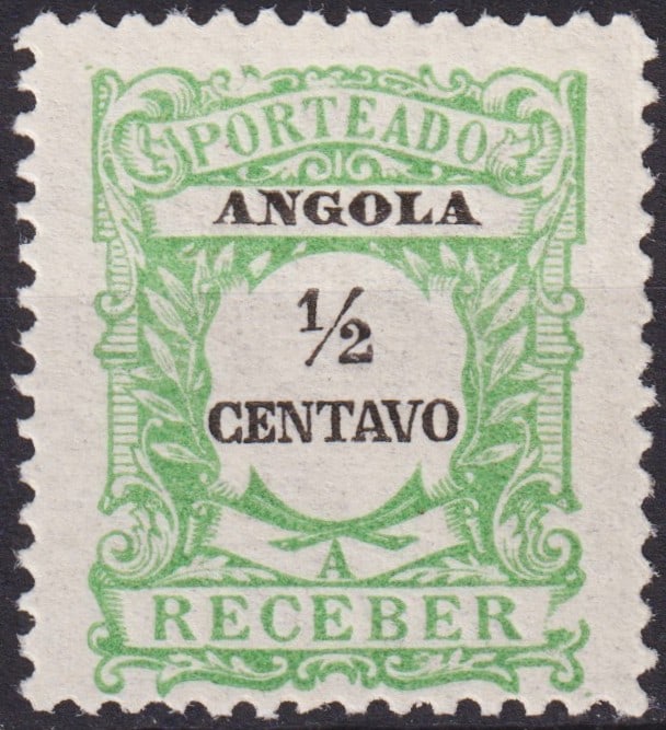 Angola 1921 Postage Due “½ Centavo?? Yellow-Green and Black (SG D343, Mi P21): Issued in 1921 under Portuguese colonial administration, this ½ Centavo postage due stamp of Angola belongs to the distinctive “Taxa” (Postage Due) series printed by the Casa da Moeda d