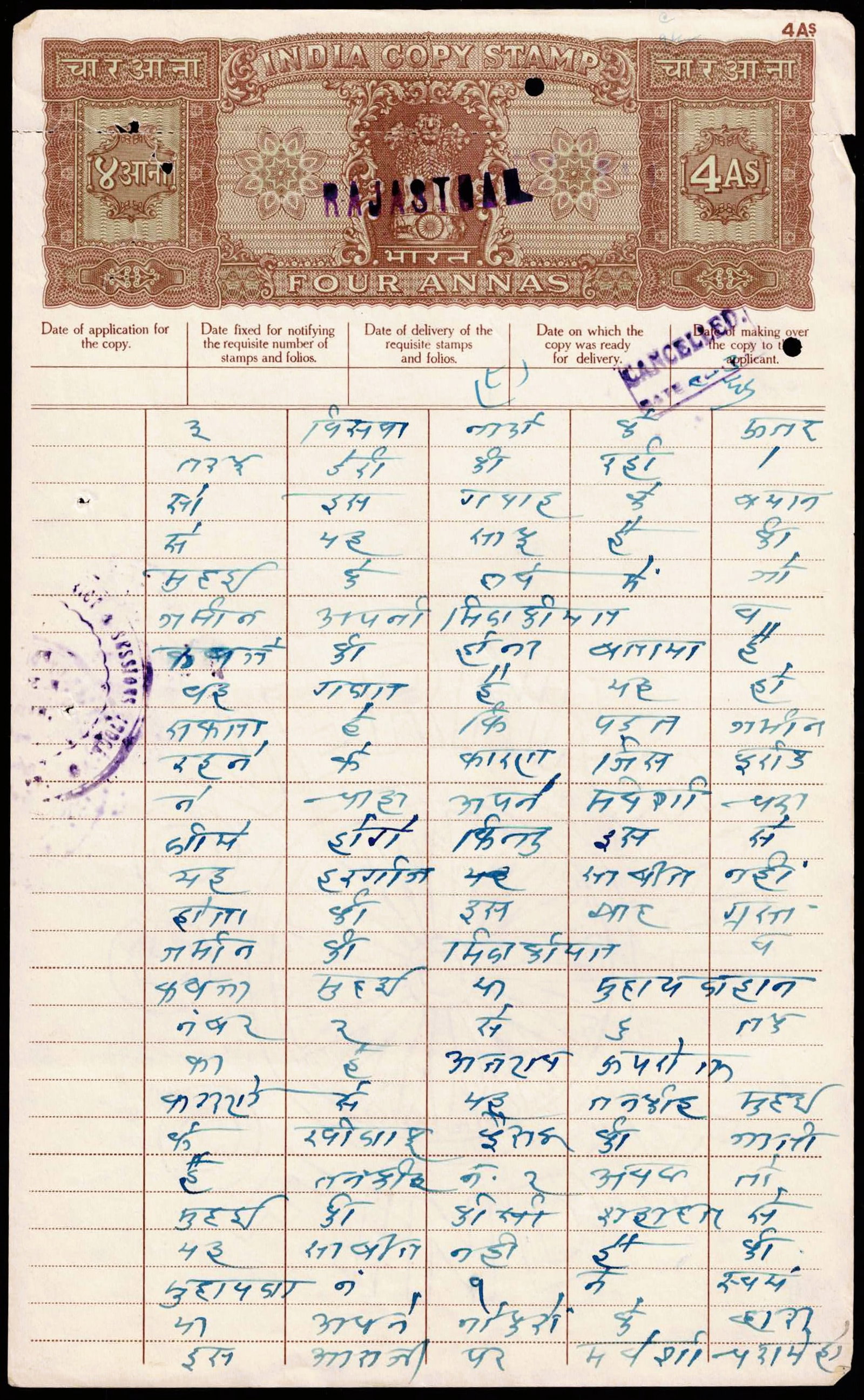 1950s Rajasthan Four Annas Court Fee Legal Document India (1 of 2)