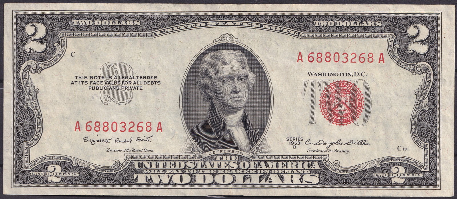USA 1953B Two Dollar Legal Tender Note Jefferson, Serial A68803268A (1 of 2)