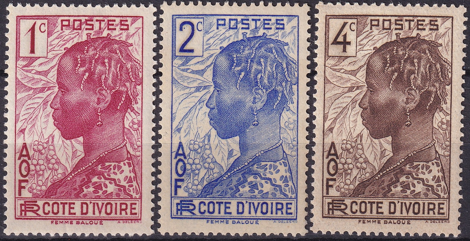 Ivory Coast (Cote dIvoire) 1936 “Femme Baloue" 1c 2c & 4c (Scott CI 112–115): Issued on October 19, 1936, as part of the “Local Motifs” definitive series for the French West African colony of Côte d’Ivoire, this remarkable trio engraved by Albert Decaris portrays a �