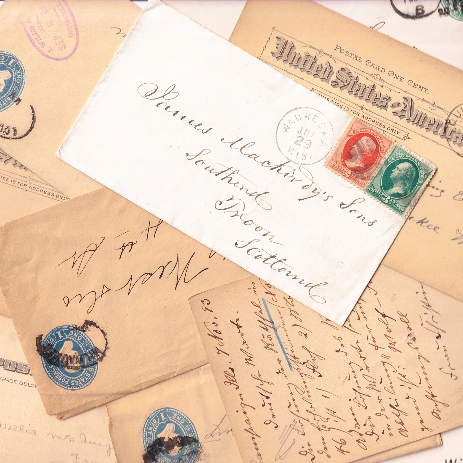 19th Century United States Postal History Lot 30 Covers Wrappers Cards: This cohesive postal history lot comprises thirty original United States mailed items dating from the mid to late nineteenth century, extending into the very early twentieth century, including a varie
