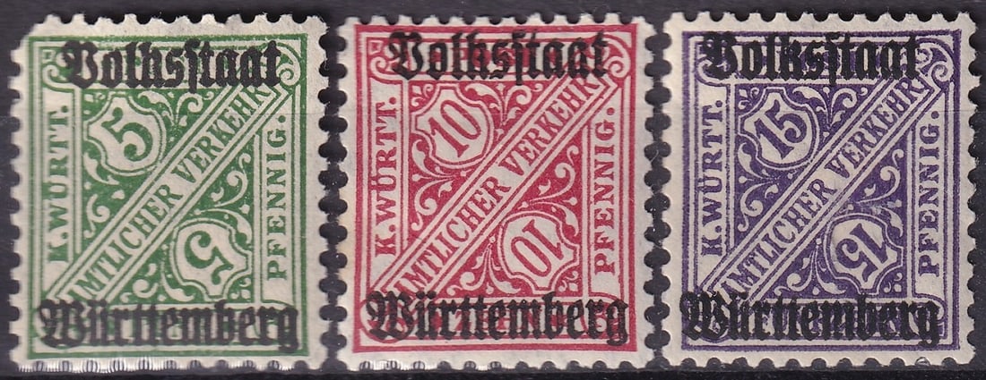 Wurttemberg 1919 Volksstaat Officials SG O234 O236 O237: This lot comprises a rare trio of official state use stamps issued by Wurttemberg in 1919 during the short-lived Volksstaat period following the collapse of the German monarchy at the end of the First