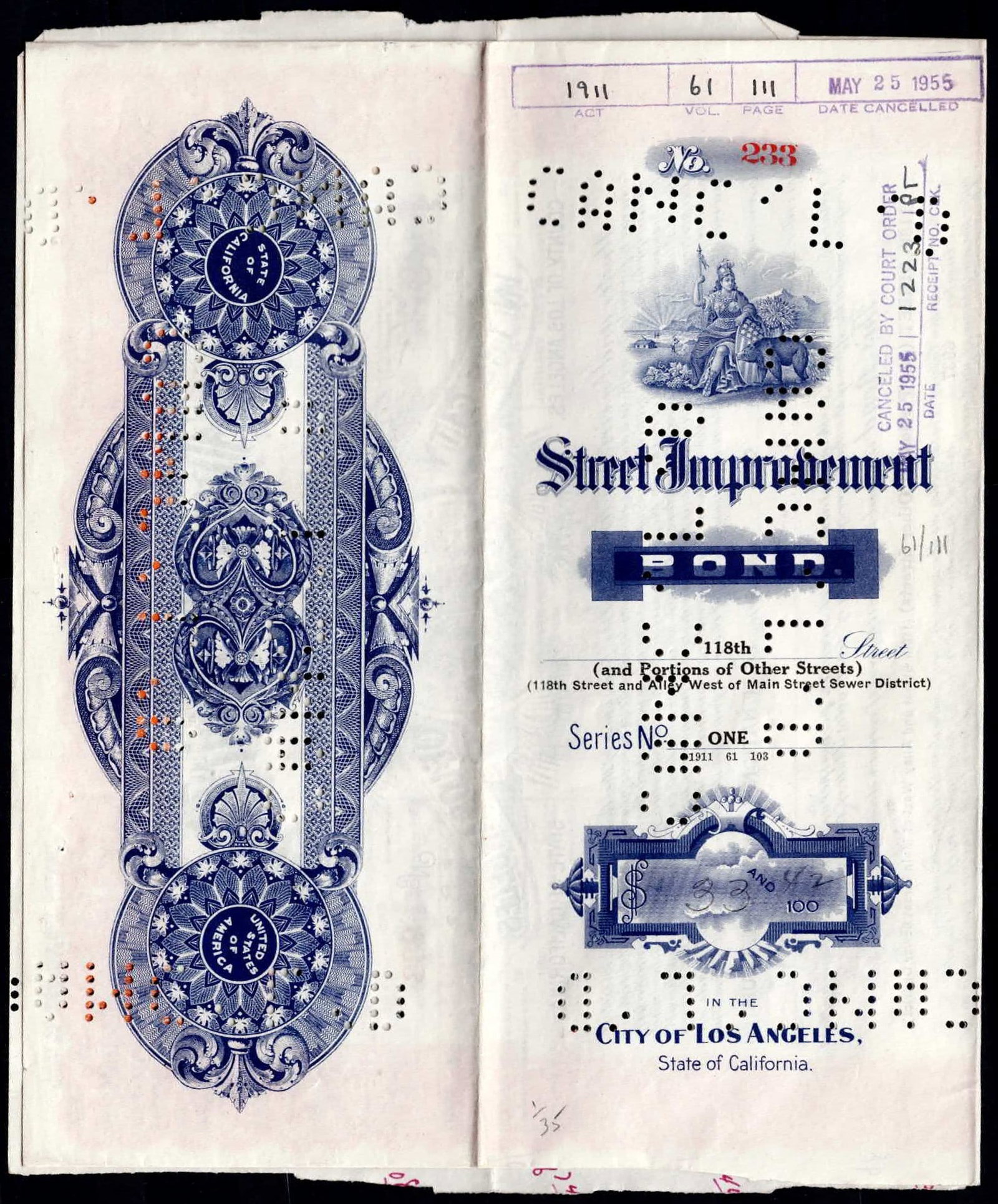 1911 Los Angeles Street Improvement Bond No 233 Cancelled (1 of 5)