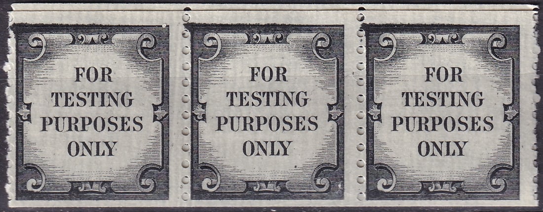1962 United States BEP Test Stamp Block of Three Scott TD107c: This rare experimental test stamp block of three was produced in 1962 by the United States Bureau of Engraving and Printing as part of official internal trials connected with stamp production technolo