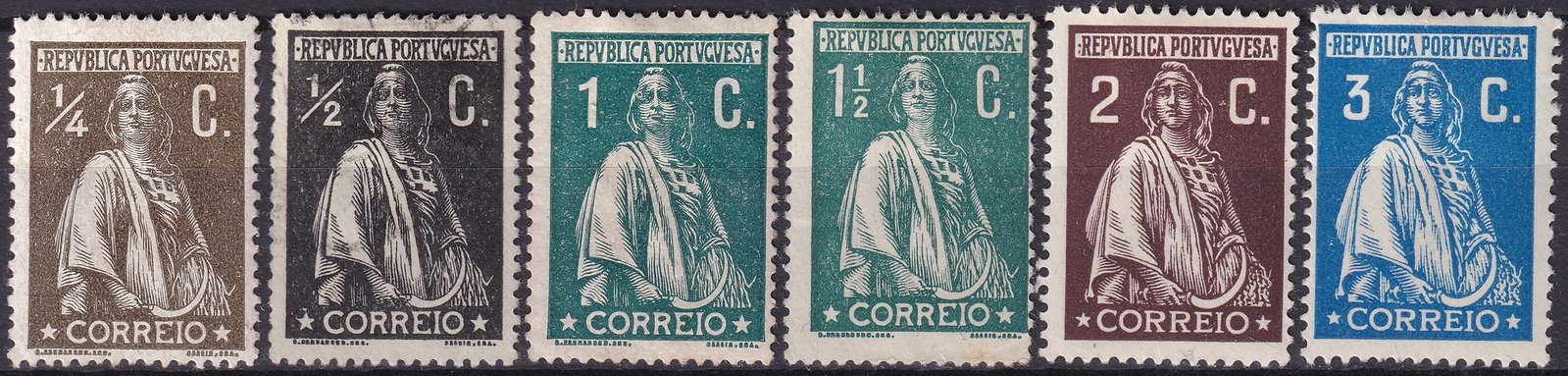 Portugal 1915 1926 Ceres Definitives Scott 258 229 255 256a 261: This offering presents a representative group from the Portuguese Ceres definitive issues spanning the period 1915 to 1926, featuring the allegorical figure of Ceres symbolizing agriculture fertility 
