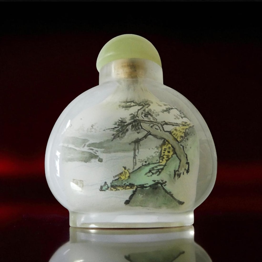 Inside-Painted Chinese Glass Snuff Bottle with Landscape, ca. 1970s: This finely crafted Chinese inside-painted glass snuff bottle, dating to the mid to late 20th century, most likely around the 1970s, exemplifies the revival of traditional snuff bottle artistry during