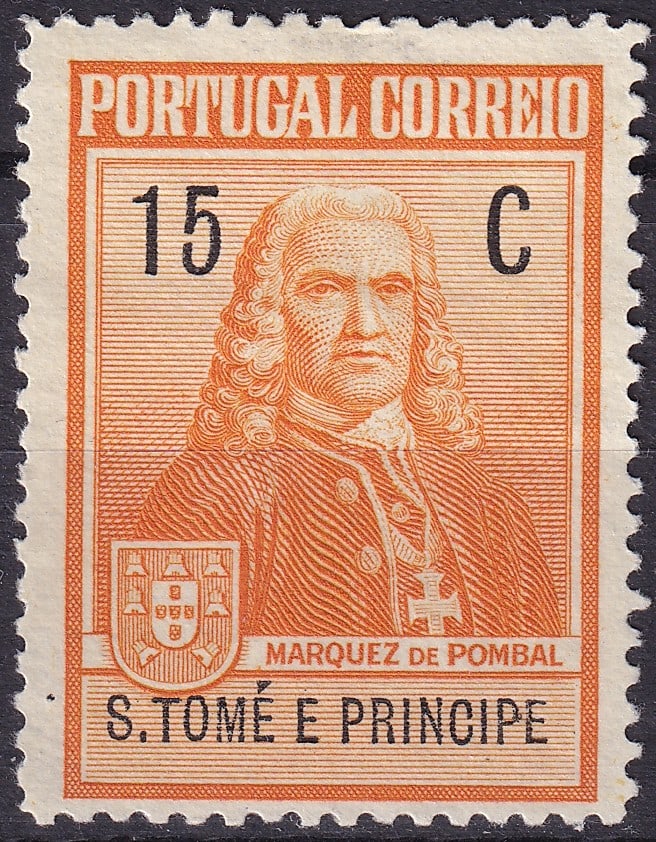 1925 Sao Tome and Principe Pombal Monument 15c Scott RA1: Issued in 1925 for Sao Tome and Principe, this postal tax stamp was produced to mark the inauguration of the Marquis of Pombal monument and forms part of a short-lived and relatively small-quantity is