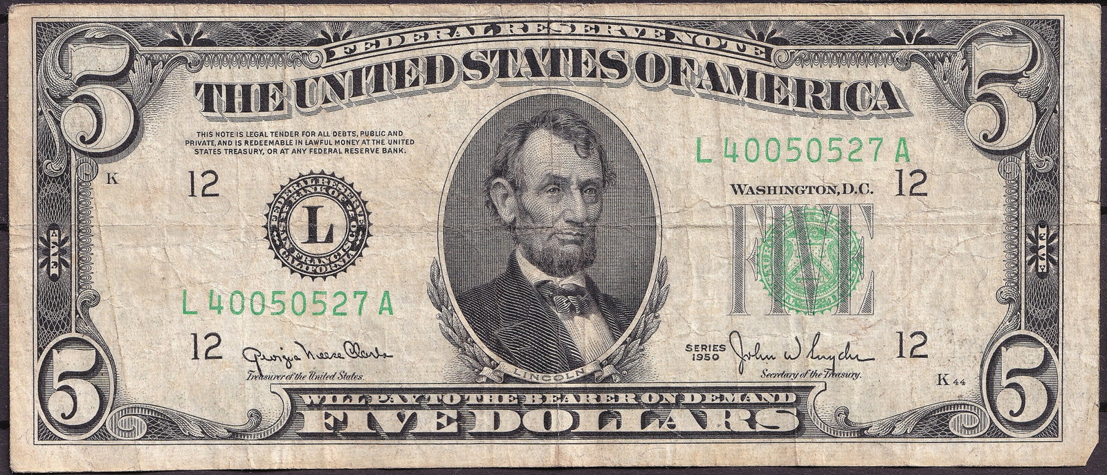 1950 USA $5 Federal Reserve Note – San Francisco L District – Serial L40050527A – Lincoln – (1 of 2)