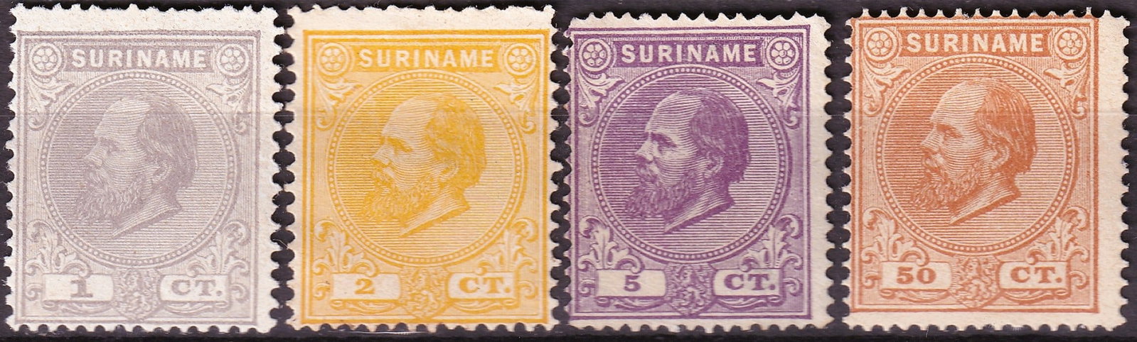 Suriname 1873–1883 King William III – Mint Classic Colonial Stamp Group, 1c, 2c, 5c & 50c: Attractive group of four classic mint stamps from Suriname during the Dutch colonial period, featuring the portrait of King William III of the Netherlands. The lot comprises the 1 cent grey-violet iss