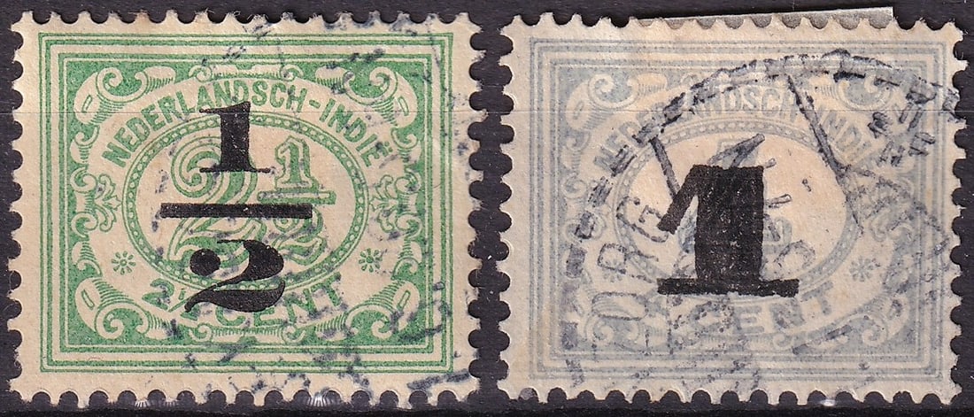 1917 Netherlands Indies Scott 137 138 Overprint Vürtheim Definitives: A complete two-value set from the Netherlands Indies Vürtheim definitive issue with surcharge overprints, comprising the 1917 ½ cent green (Scott 137) and the 1918 1 cent ultramarine (Scott 13
