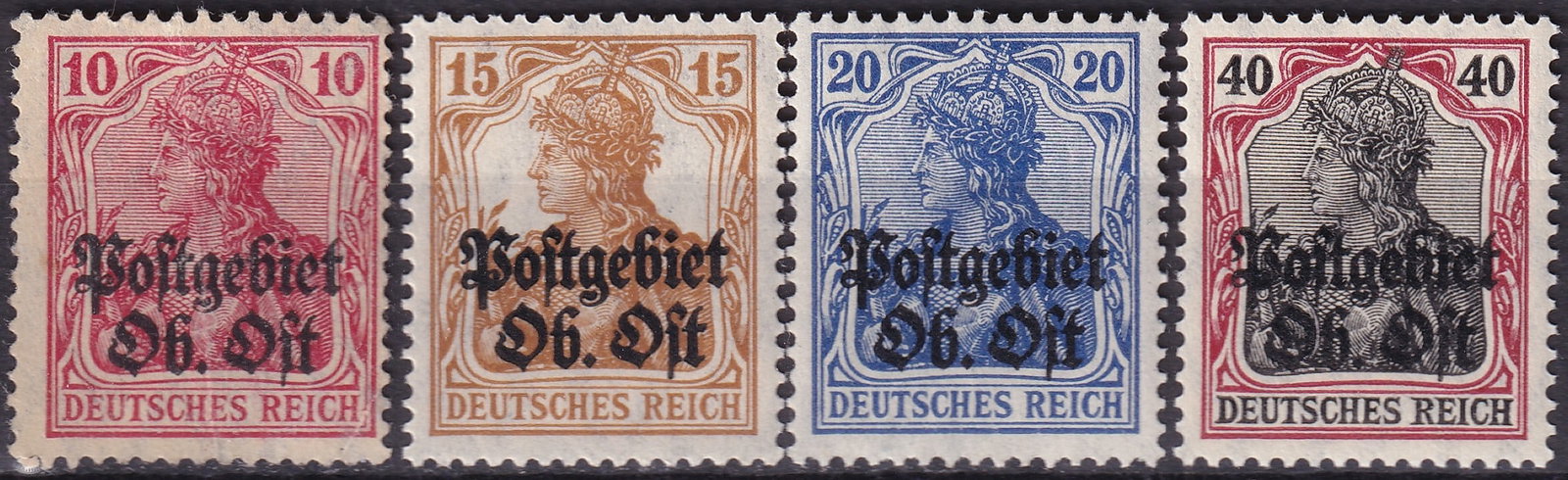1916 German Occupation Russia Ob. Ost Germania 4-Stamp MNH Group, Michel 5d, 6, 8a, 10a: Issued in 1916 for the German military administration of the Eastern territories during World War I, this attractive four-stamp group comprises the 10, 15, 20 and 40 Pfennig Germania definitives overp