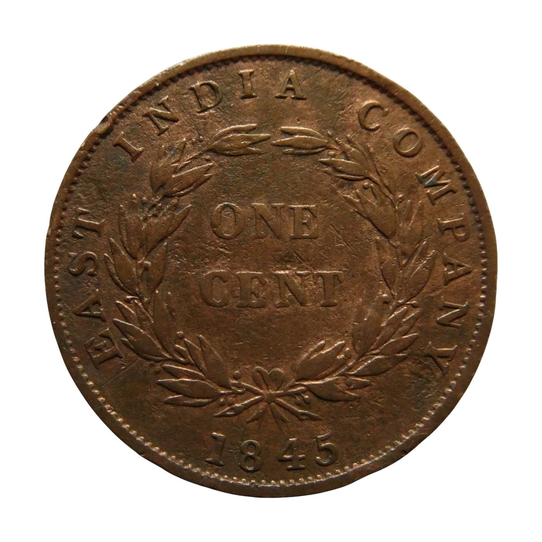 1845 Straits Settlements East India Company Queen Victoria 1 Cent, KM#3: Issued in 1845 for the Straits Settlements under East India Company administration, this copper 1 Cent coin features the youthful crowned portrait of Queen Victoria facing left, surrounded by the lege