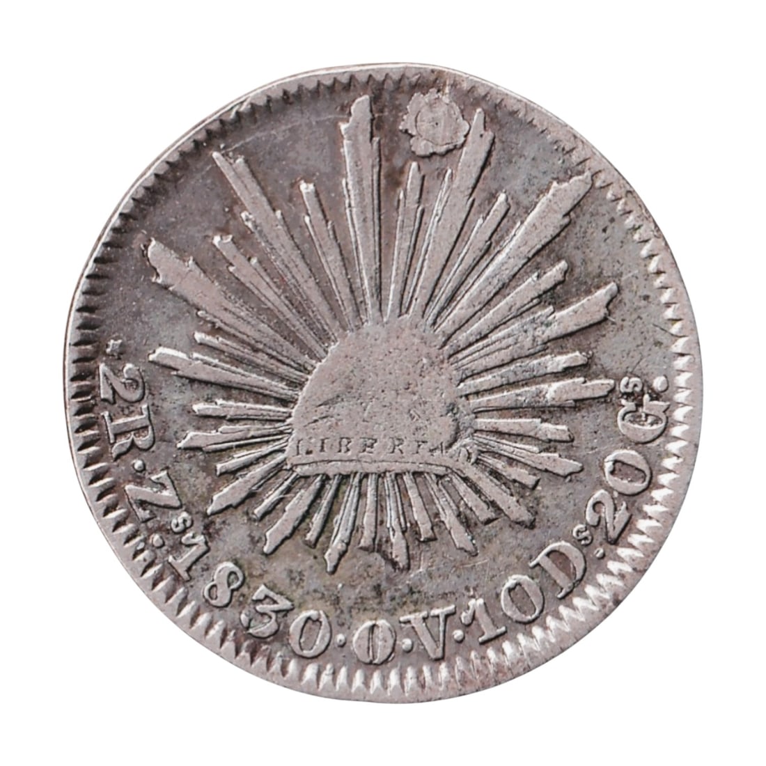 1830-Go Mexico First Republic 2 Reales Silver, Guanajuato, KM#374.8: Struck in 1830 during Mexico’s First Republic, this silver 2 Reales coin was produced at the Guanajuato mint and represents the classic early republican “Cap and Rays” type. The obverse feat