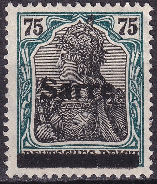 Saar 1920 75pf Germania French Occupation Overprint Michel 15I Mint: Issued on February 4, 1920 during the early French occupation administration of the Saar territory following the First World War, this 75 Pfennig stamp was created from the German Germania definitive 