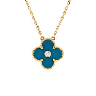 Van Cleef & Arpels (18K Yellow Gold) Vintage Alhambra Pendant Necklace: Van Cleef & Arpels Vintage Alhambra Pendant 18K Yellow Gold and Sevres Porcelain with Diamond. In Great Condition, Minor Wear