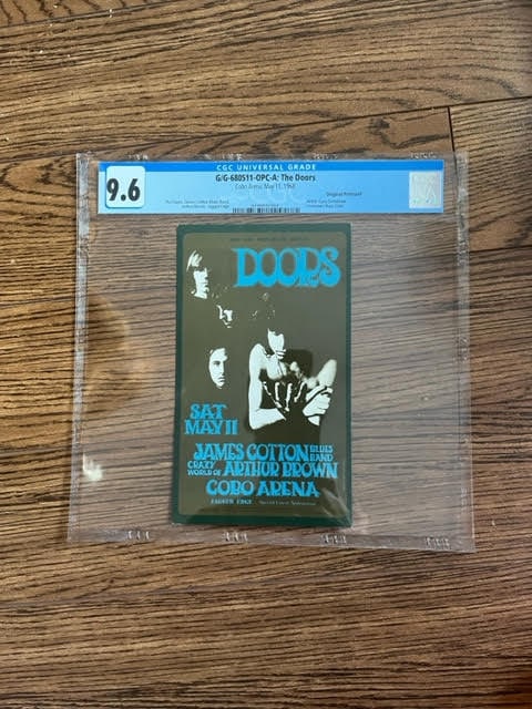 The Doors 1968 Rare Cobo Arena Concert Flyer Handbill CGC 9.6: This lot is a super rare, original first printing concert flyer / handbill created by the legendary artist Gary Grimshaw and featured in the Art of Rock. The flyer is for concert appearances by The Do