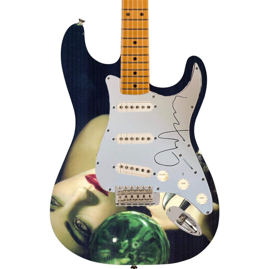 Bryan Ferry Roxy Music Signed Electric Guitar ACOA: This lot is an electric stratocaster style guitar, autographed by Bryan Ferry of Roxy Music. Item comes with third-party authentication from ACOA. Roxy Music became a successful act in Europe and Aust