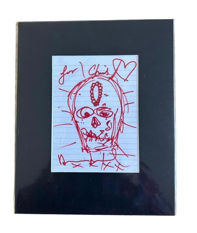 Damien Hirst Signed Original Mounted Drawing: This lot is an original hand signed drawing by artist Damien Hirst. Item is professionally mounted. Dedicated to Chris. Hirst is an English artist and art collector. He is one of the Young British Art